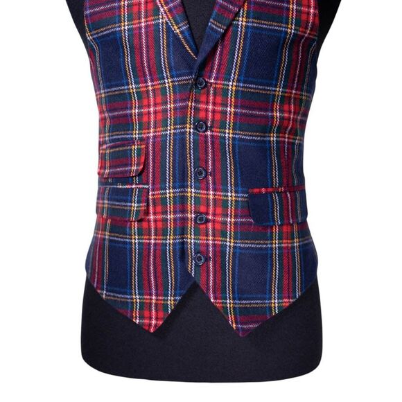 Mens Tartan Vest 40R Blue Red Green Wool Plaid Waistcoat Medium Christmas Party - Picture 5 of 10